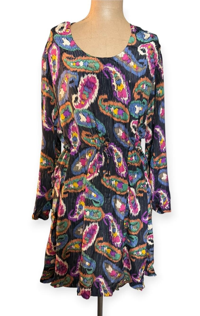 Isabel Marant Mini Dress 100% Silk Paisley Print Long Sleeve Drawstring Small